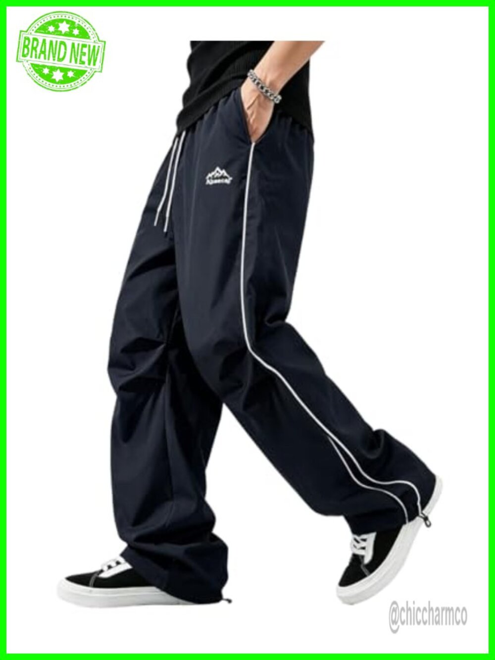 Mens Baggy Track Pants Wide Leg Parachute Y2K Elastic Waist Streetwear